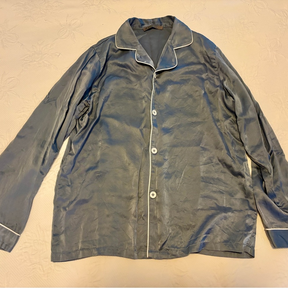 Silky Slate Blue Pajama Shirt with White Piping- 100% Mulberry Silk
